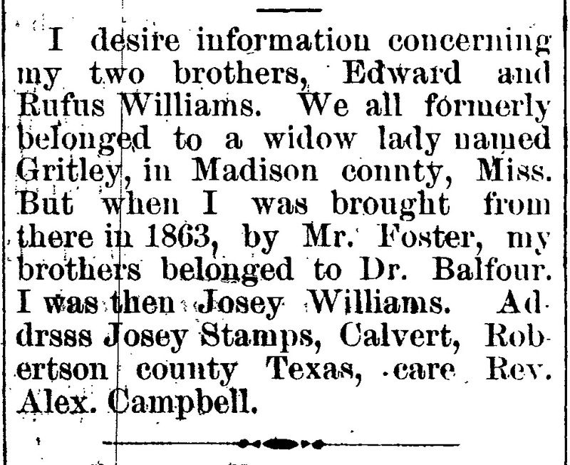 Josey Stamps (formerly Josey Williams) searching for her brothers Edward and Rufus Williams