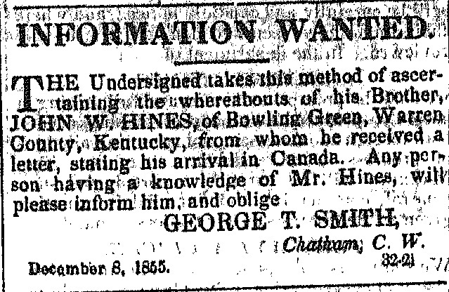 George T. Smith searching for his brother John W. Hines