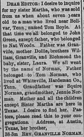 Rev. Granville Norman looking for his sister Martha (3rd of 3 ads placed)