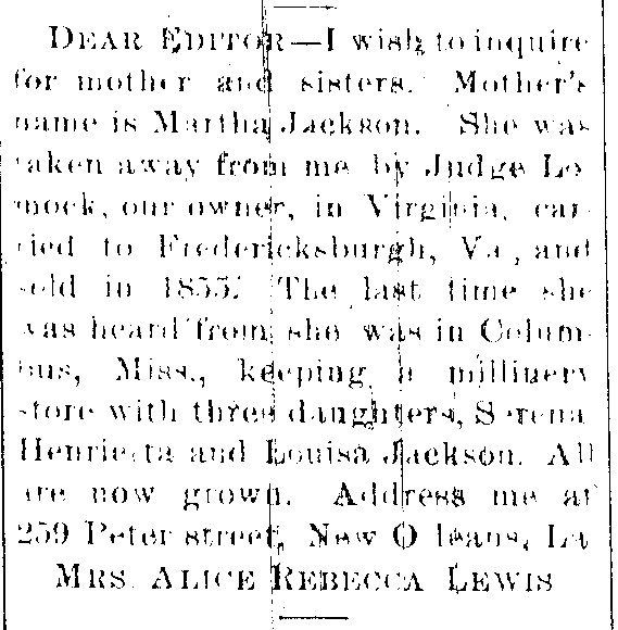 Alice Rebecca Lewis searching for her mother Martha Jackson and her sisters