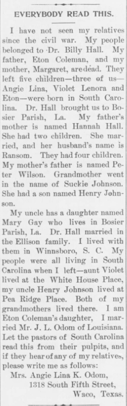 Mrs. Angie Lina K. Odom searching for Violet, Lenora and Eton