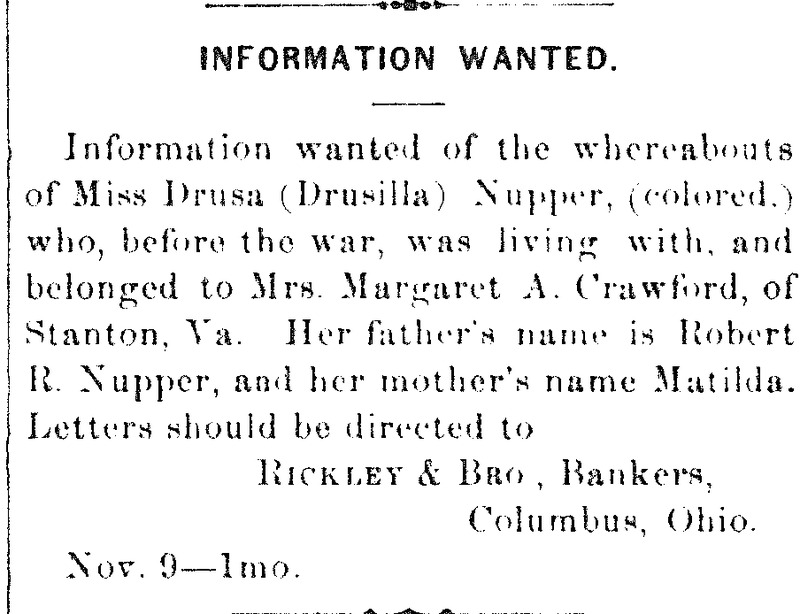 Rickley and Bro. Bankers searching for Miss Drusa (Drusilla) Nupper