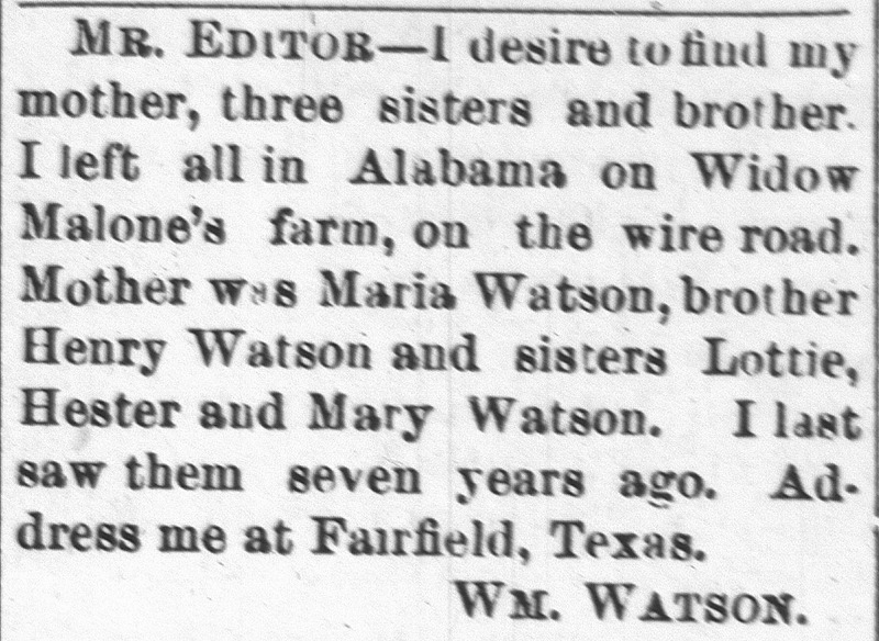 Wm. Watson searching for his mother, three sisters, and brother