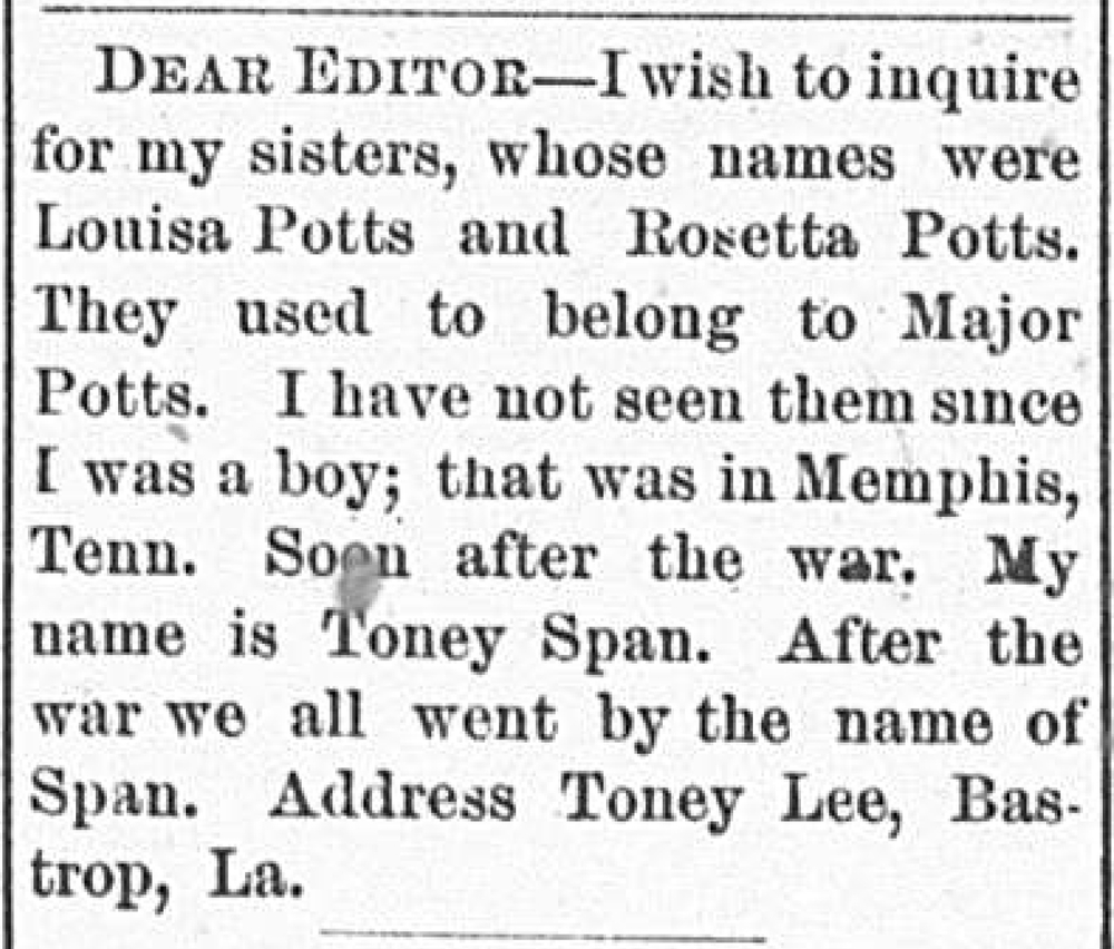 Toney Span searching for his sisters Louisa and Rosetta Potts