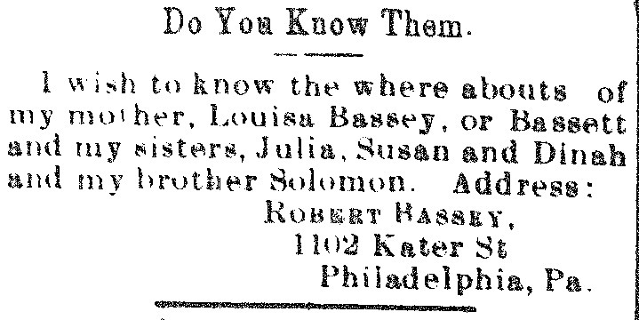 Robert Bassey seeking information about his mother Louisa Bassey and siblings Julia, Susan, Dinah, and Solomon 