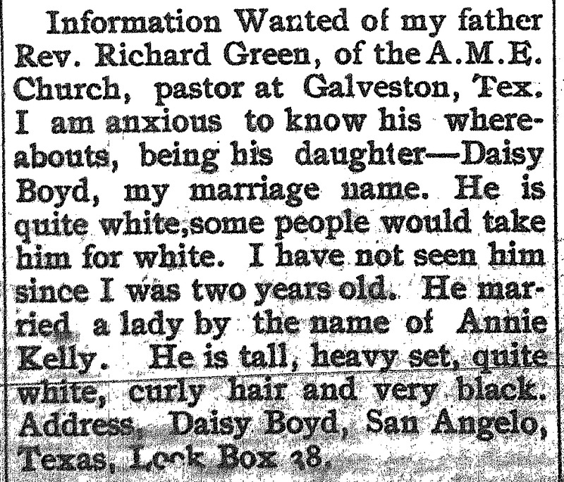 Daisy Boyd seeking information about her father Rev. Richard Green