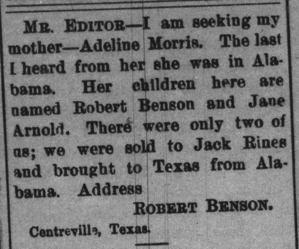 Robert Benson seeking his mother Adeline Morris