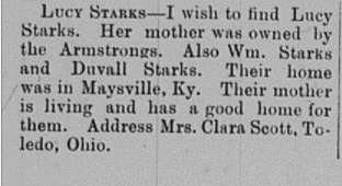 Mrs. Clara Scott looking for Lucy, William, and Duvall Starks.