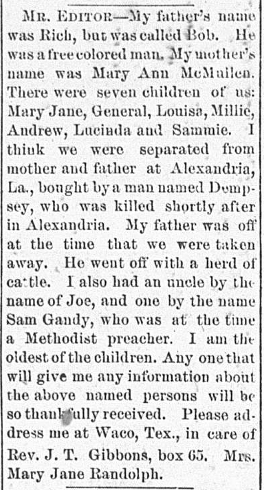 Mrs. Mary Jane Randolph searching for her mother Mary Ann McMullen, father Rich, and siblings