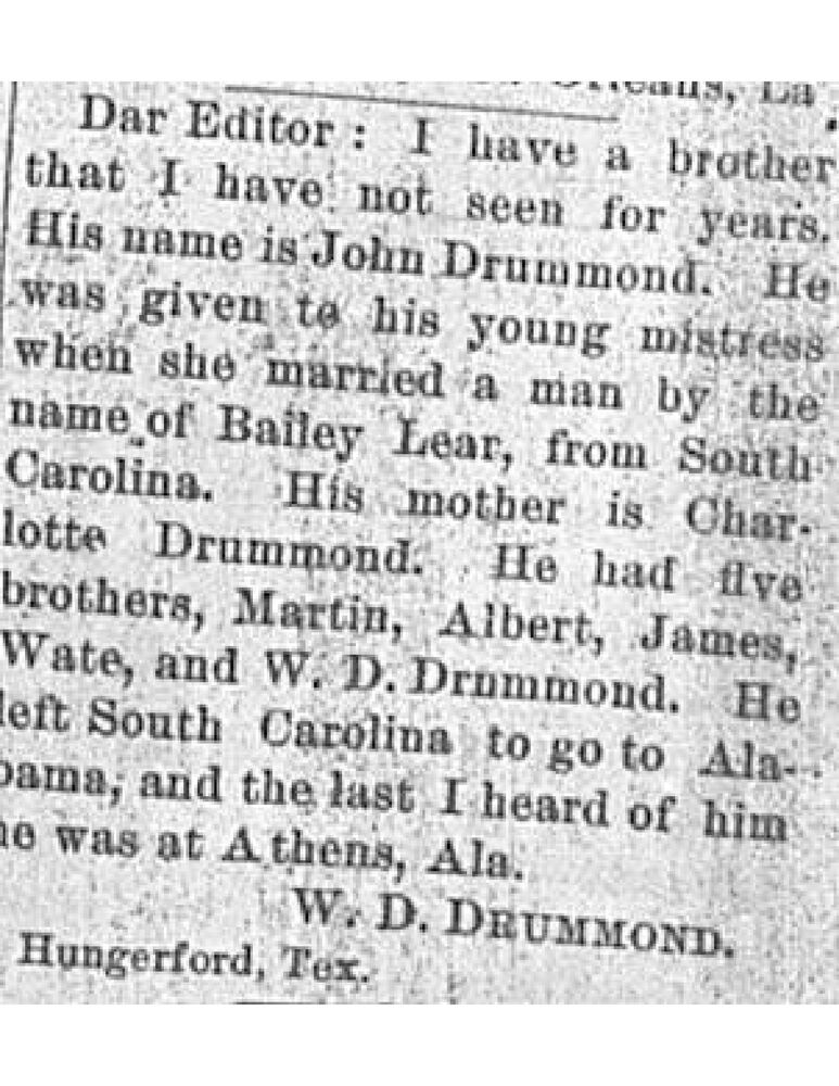 W. D. Drummond searching for his brother John Drummond