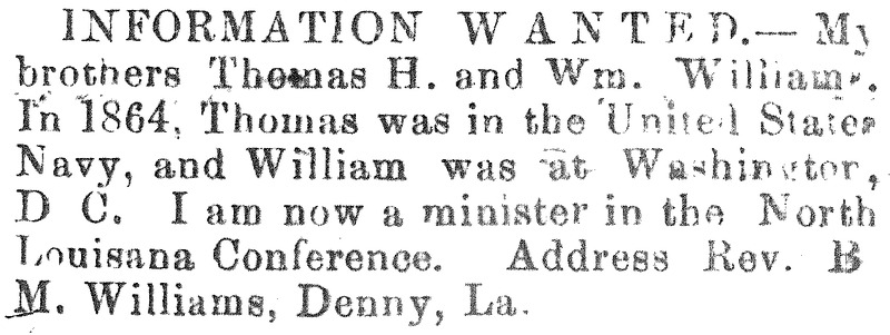 Rev. B. M. Williams searching for brothers Thomas H. and Wm. Williams