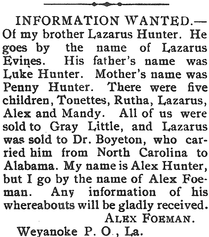 Alex Foeman (formerly Alex Hunter) seeking information about his brother Lazarus Evines (formerly Lazarus Hunter)