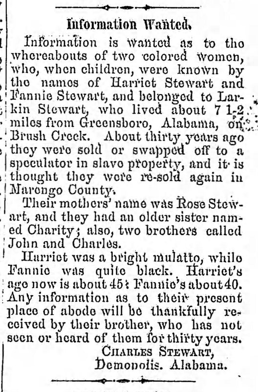 Charles Stewart searching for two of his sisters Fannie Stewart and Harriet Stewart 