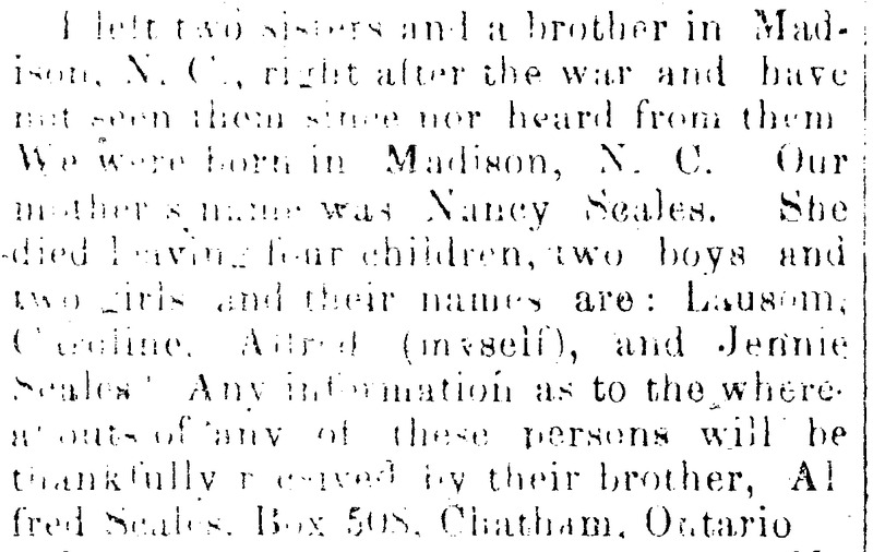 Alfred Seales searching for his sisters Caroline and Jenny and brother Lausom