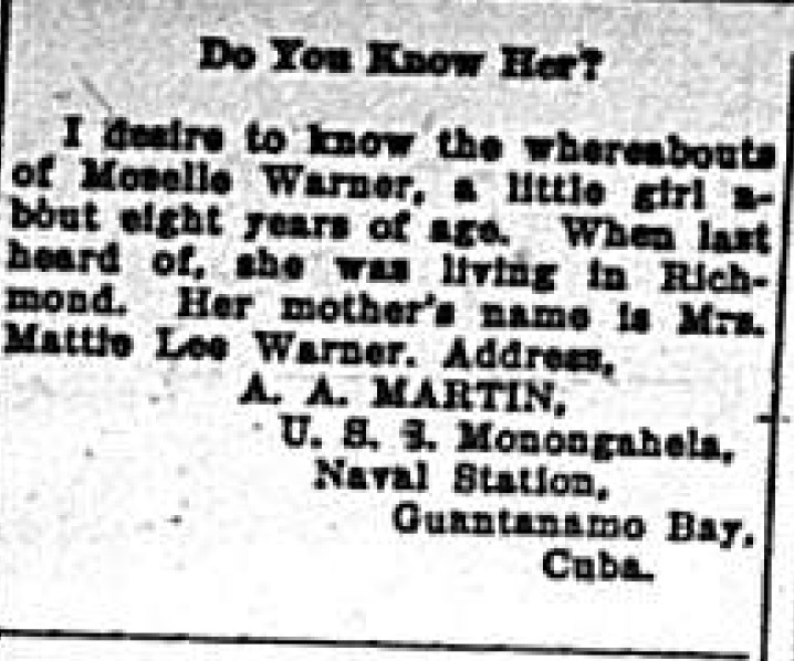 A. A. Martin searching for Moselle Warner on behalf of her mother Mrs. Mattie Lee Warner.