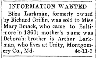 Arthur Larkman searching for his sister, Eliza Larkman 