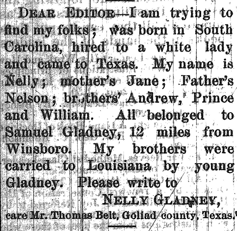 Nelly Gladney looking for her mother Jane, father Nelson, and brothers Andrew, Prince, and William 