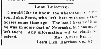 Mrs. Annie Bell seeking her son John Scott