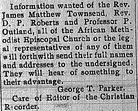 George T. Parker seeking information about Rev. James Matthew Townsend, Rev. D. P. Roberts, and Professor P. Outland