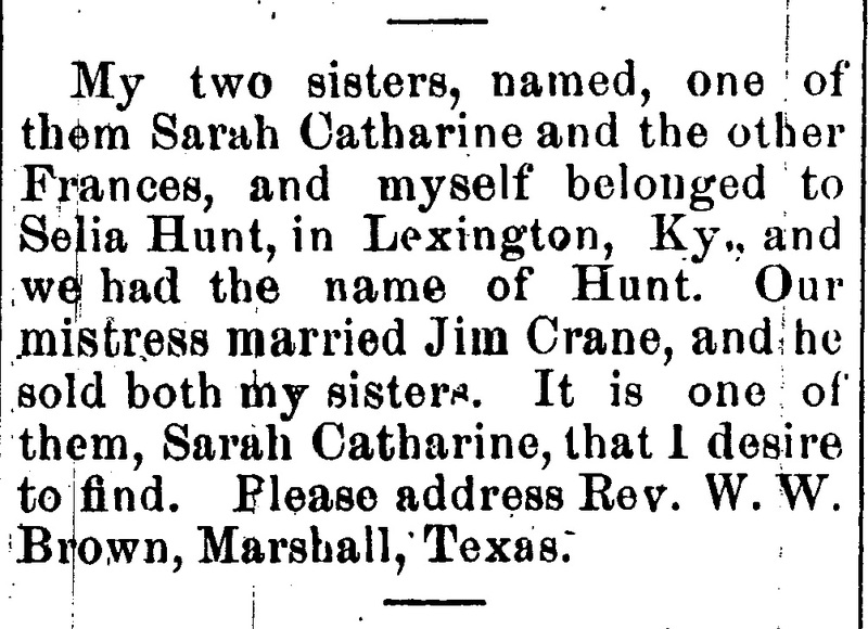 Unnamed person searching for their sister Sarah Catherine Hunt