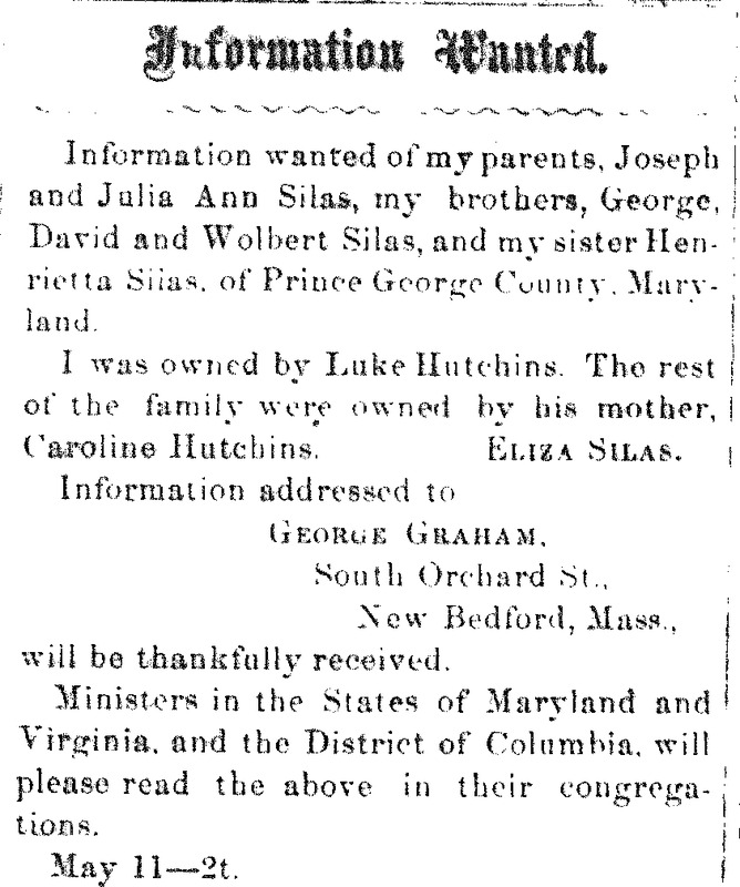 Eliza Silas searching for her parents Joseph and Julia Ann Silas, and siblings Henrietta, Wolbert, David and George