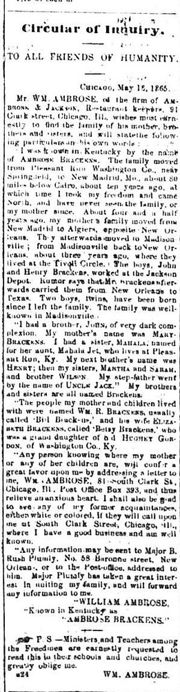 William Ambrose (formerly Ambrose Brackens) searching for his family