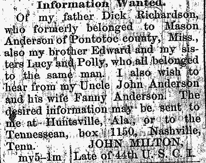 John Milton searching for his father Dick Richardson, brother Edward, and sisters Lucy and Polly (1st of 3 ads)