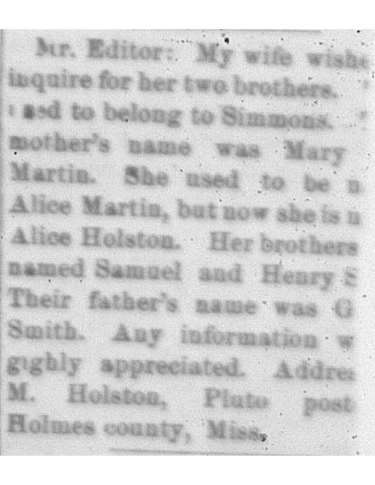 Alice Holston (formerly Alice Martin) searching for her brothers Henry and Samuel Smith