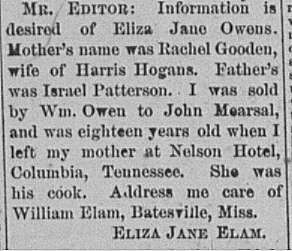 Eliza Jane Elam searching for Eliza Jane Owens