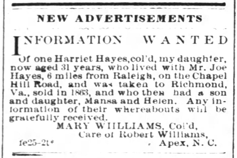 Mary Williams searching for her daughter Harriet Hayes, grandson Mansa, and granddaughter Helen