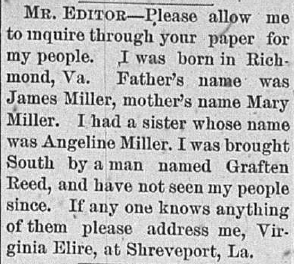 Virginia Elire seeking her mother Mary Miller, father James Miller , and sister Angeline Miller