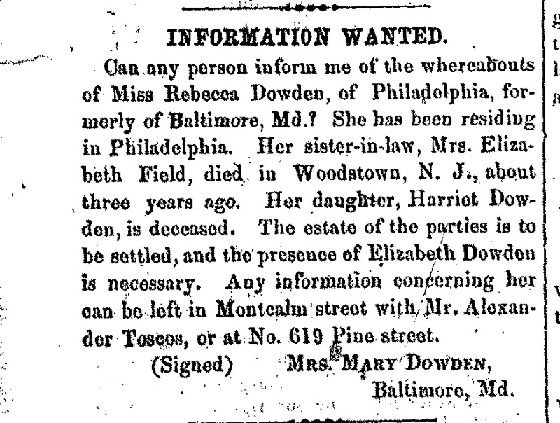 Mrs. Mary Dowden searching for Miss Rebecca Dowden 