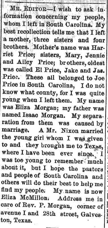 Eliza McMillon (formerly Eliza Morgan) seeking information about her mother Harriet Price and siblings