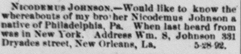 Wm. S. Johnson searching for his brother Nicodemus Johnson