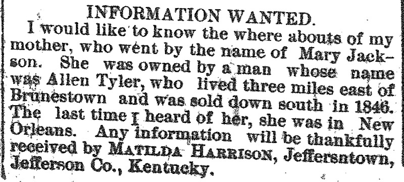 Matilda Harrison seeking the whereabouts of her mother Mary Jackson