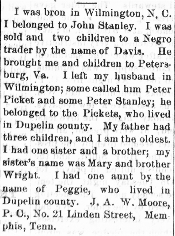 J. A. W. Moore looking for her husband Peter Picket, sister Mary, and brother Wright