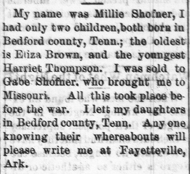 Millie Shofner searching for her children Eliza Brown and Harriet Thompson