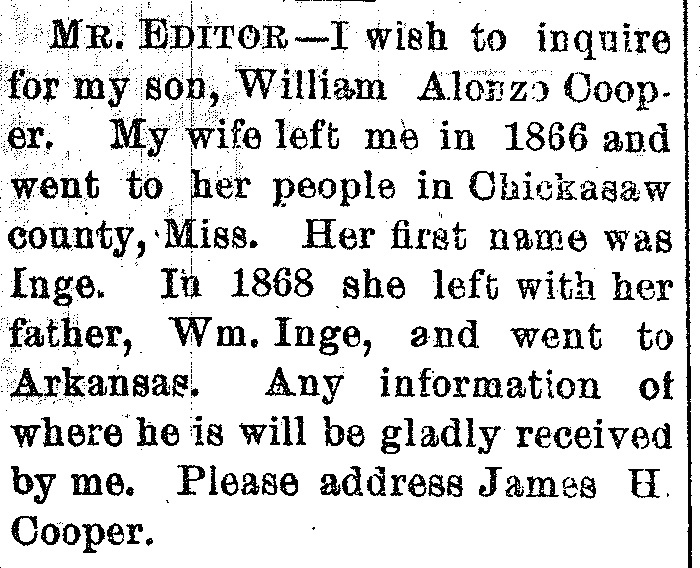 James H. Cooper searching for his son William Alonzo Cooper