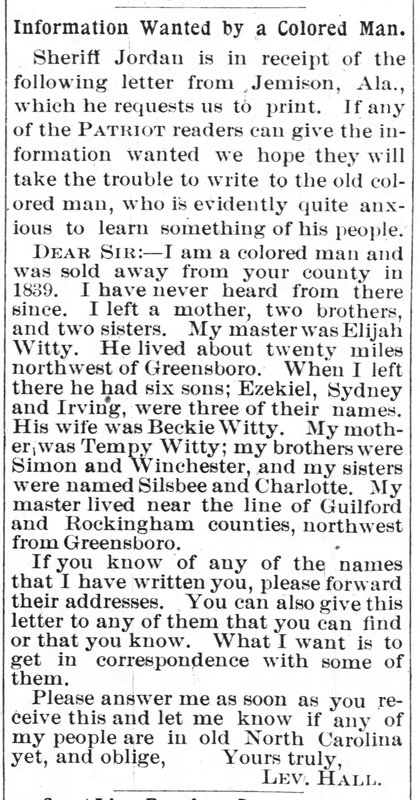 Lev. Hall searching for his mother Tempy Witty and siblings Simon, Winchester, Silsbee, and Charlotte