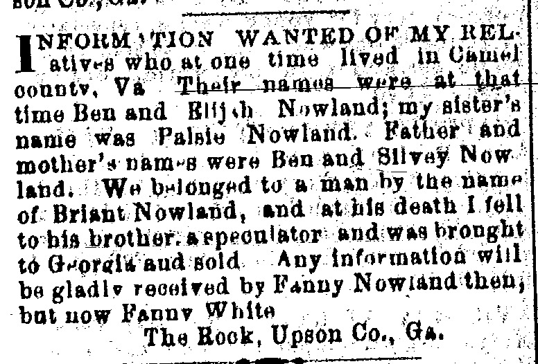 Fanny White (formerly Fanny Nowland)  looking for her parents Ben and Silvey Nowland and sister Paise Nowland