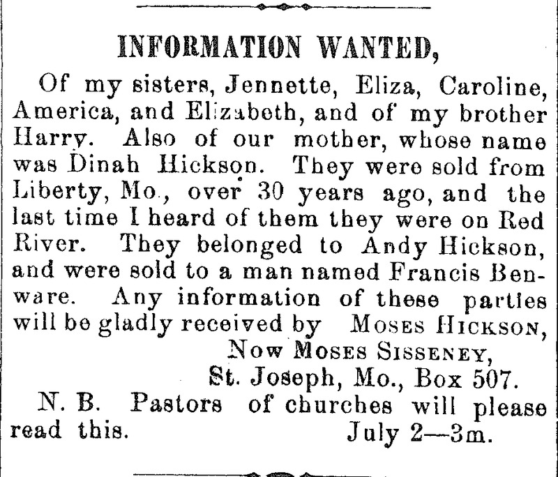 Moses Sisseney (formerly Moses Hickson) seeking informations about his mother Dinah Jackson and several siblings 