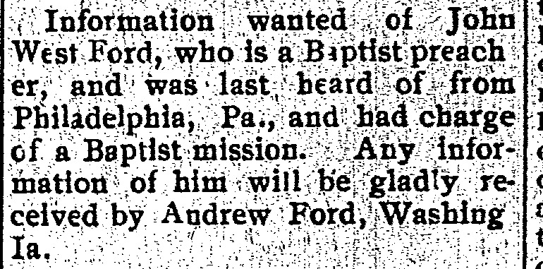 Andrew Ford looking for Rev. John West Ford