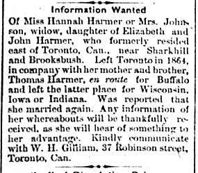 W. H. Gilliam seeking Mrs. Johnson (formerly Miss Hannah Harmer).