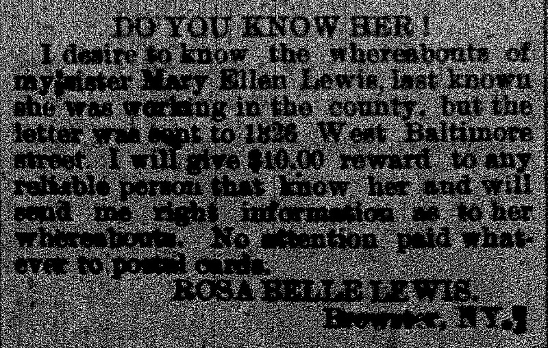 Rosa Belle Lewis seeking her sister Mary Ellen Lewis