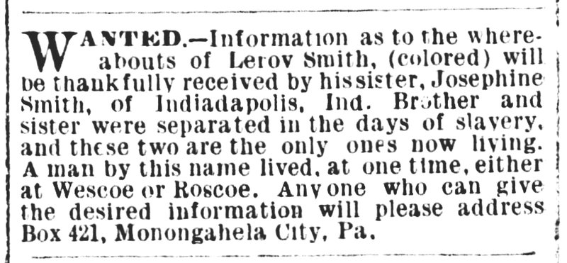 Josephine Smith is searching for her brother Lerov Smith 