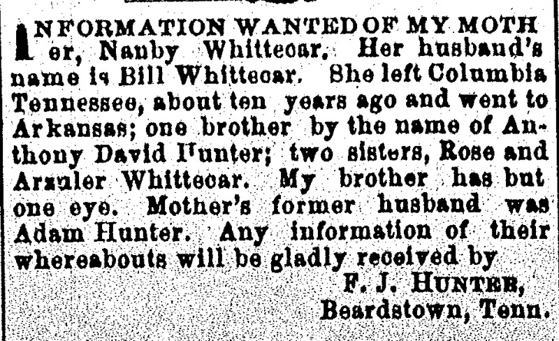 F. J. Hunter searching for his mother Nanby Whittecar and several siblings