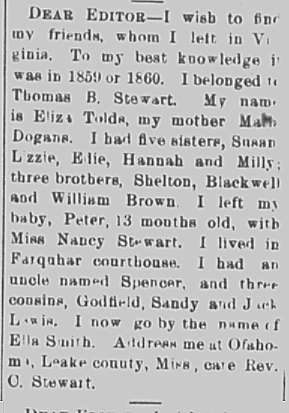 Ella Smith (formerly Eliza Tolds) searching for her mother, siblings, and son Peter