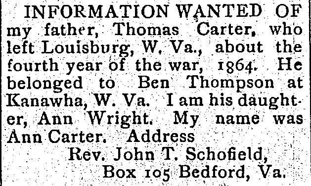 Ann Wright (formerly Ann Carter) seeking information about her father Thomas Carter