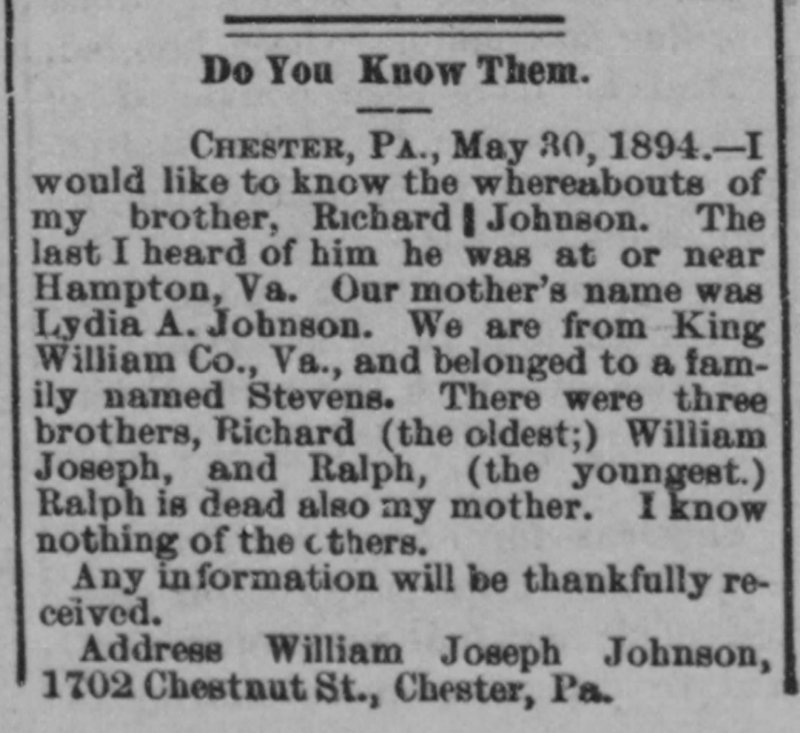 William Joseph Johnson searching for his brother Richard Johnson 