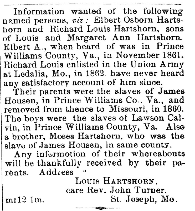 Louis Hartshorn looking for sons Elbert Osborn Hartshorn and Richard Louis Hartshorn 